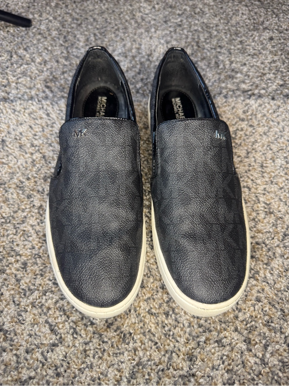 MICHAEL Michael Kors Black Slip-On Logo-Print Loafers with White Soles